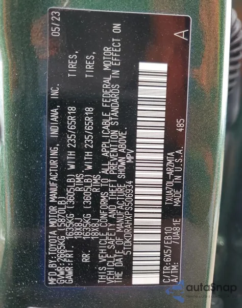 2023 Toyota Highlander L из США, поврежденный, VIN 5TDKDRAHXPS506934